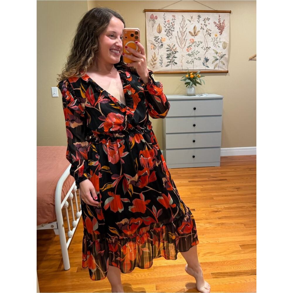 Tuckernuck Adelyn Rae Black Floral Maxi Dress with Red Orange Bloom Medium - Picture 3 of 12